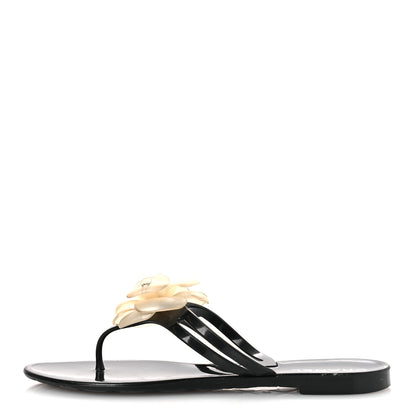 Chanel Jelly Camellia Thong Sandals 38 Black Ivory 1 of 12