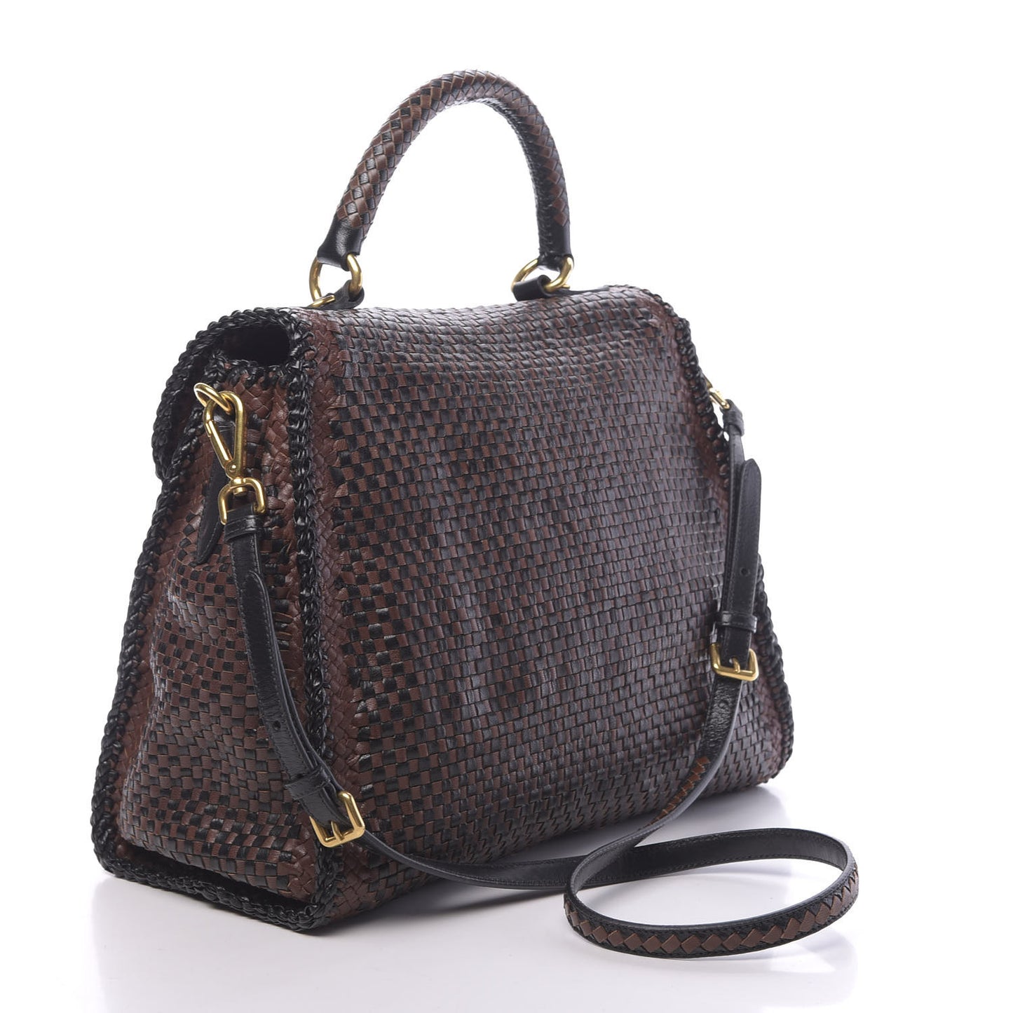 Goatskin Woven Top Handle Satchel Moro Black
