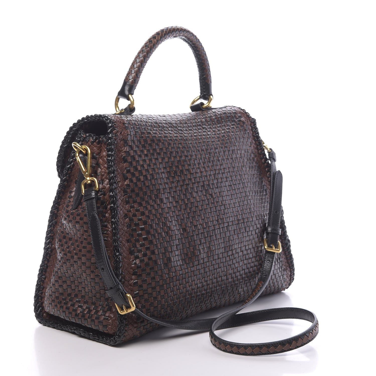 Prada Goatskin Woven Top Handle Satchel Moro Black 3 of 9
