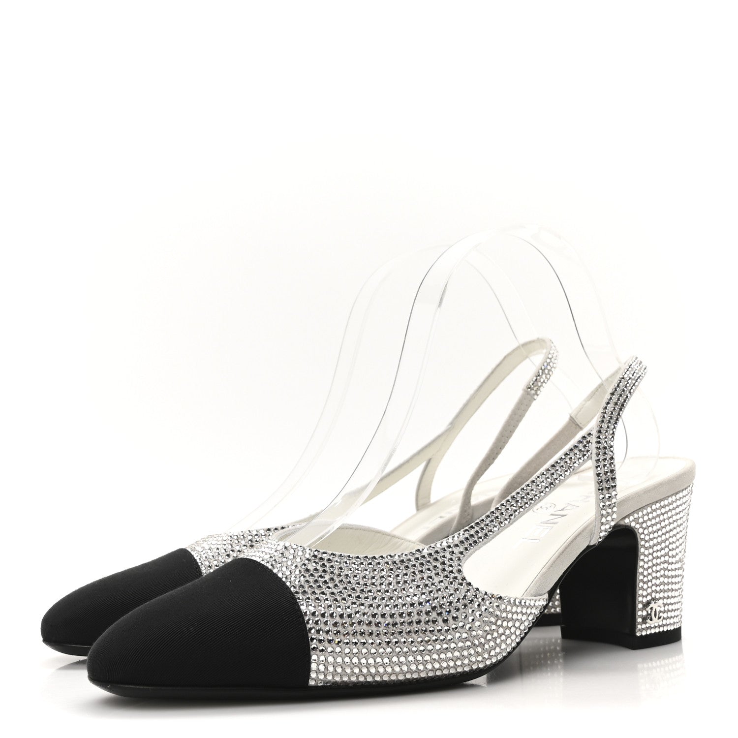 Chanel Strass Grosgrain Cap Toe CC Slingback Pumps 39 Silver Black 4 of 9