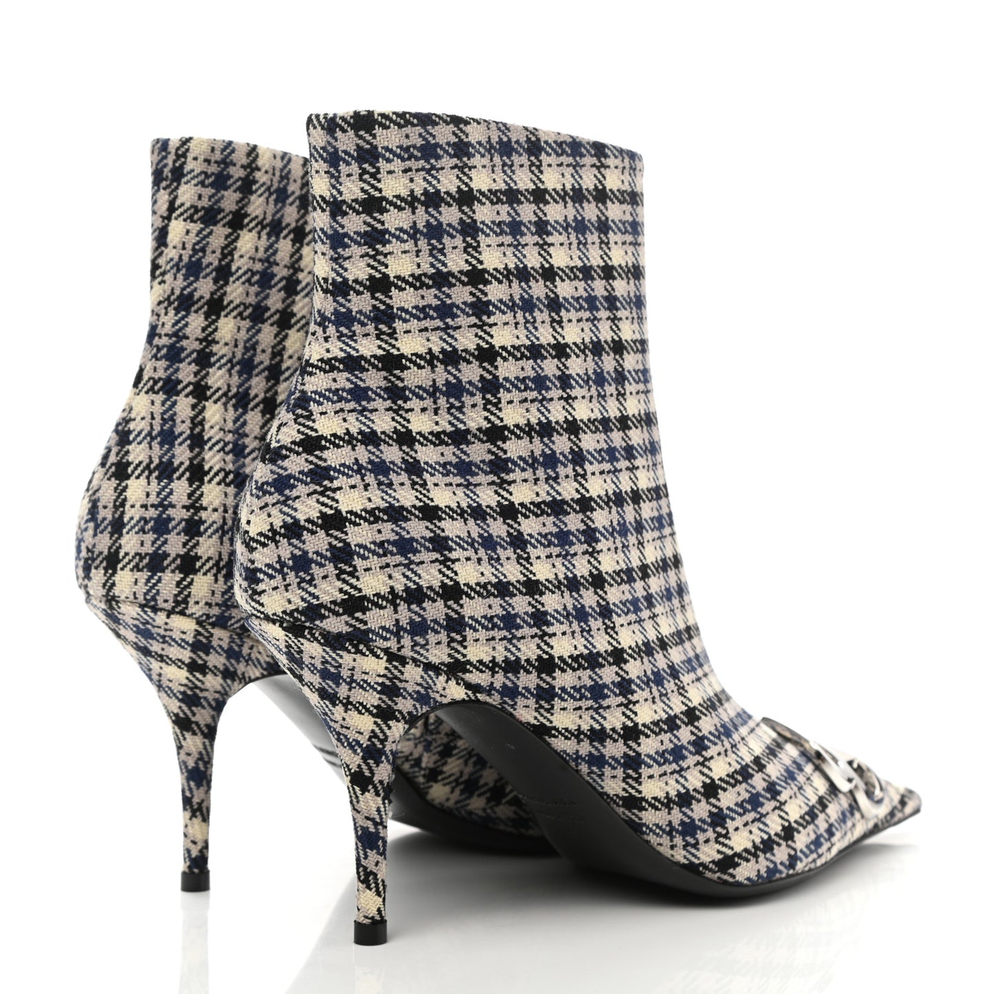 Wool Check BB Pointy Toe Ankle Booties 40 Beige Navy Silver