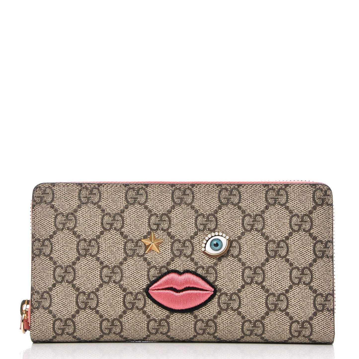 GG Supreme Monogram Embroidered Face Zip Around Wallet Pink