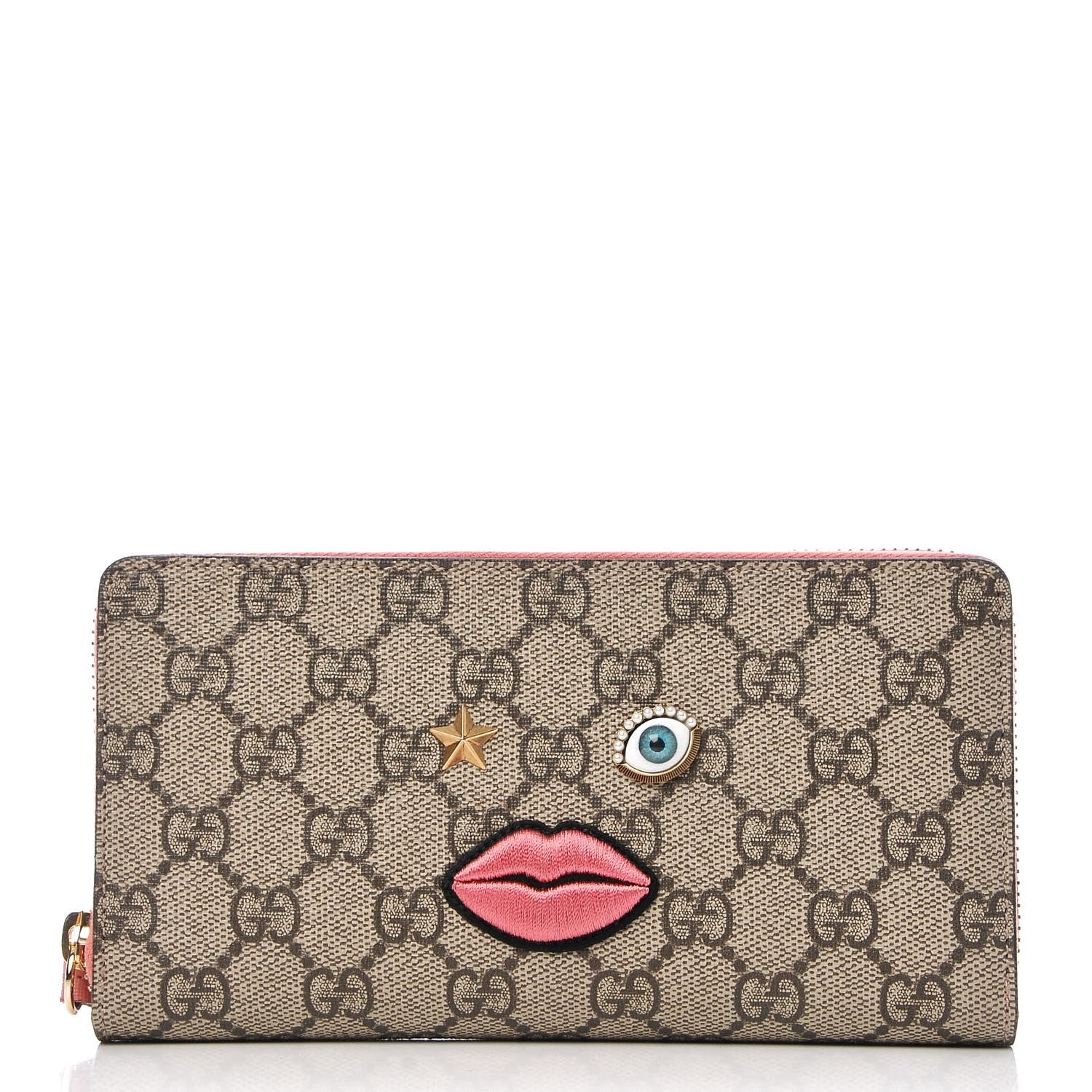 Gucci GG Supreme Monogram Embroidered Face Zip Around Wallet Pink 1 of 8