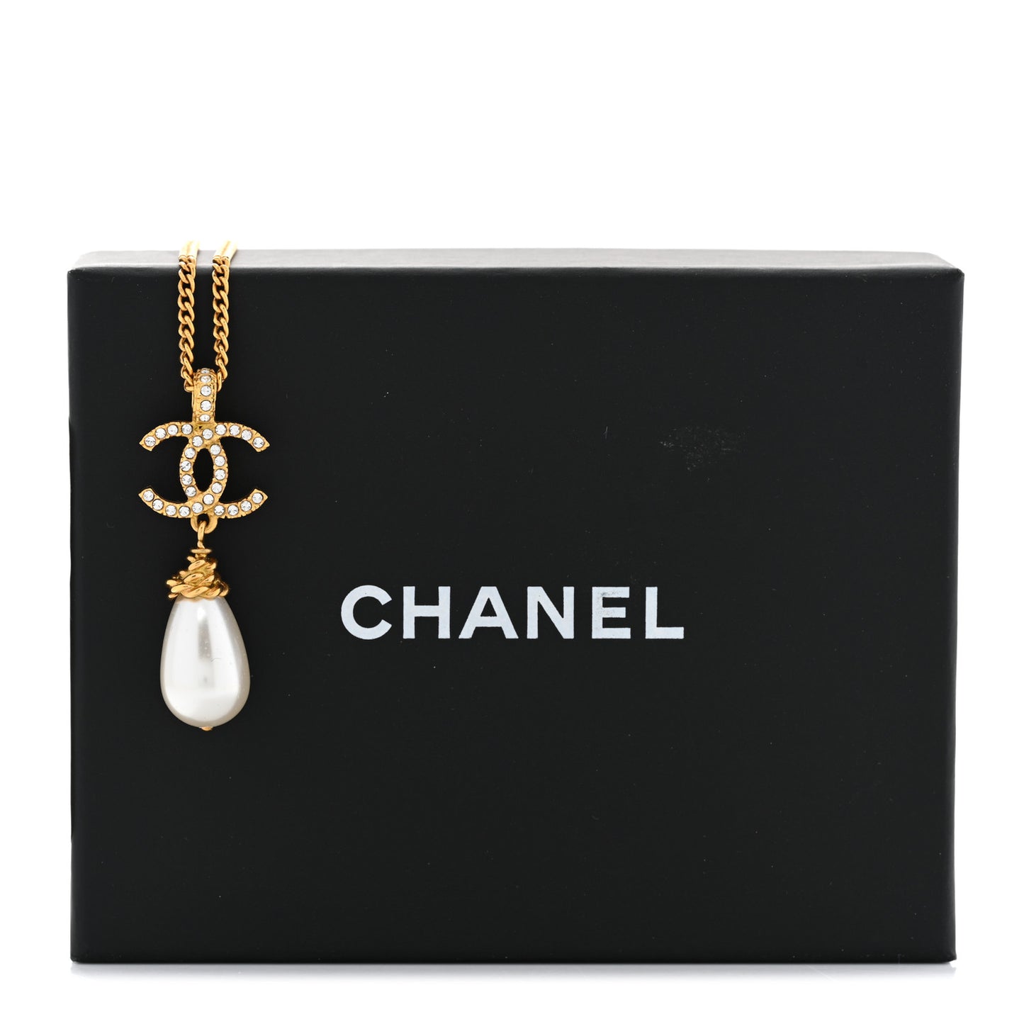 Pearl Crystal Twisted CC Drop Necklace Gold