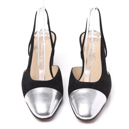 Chanel Kid Suede Metallic Lambskin Cap Toe CC Slingback Pumps 37 Black Silver Gold 3 of 9
