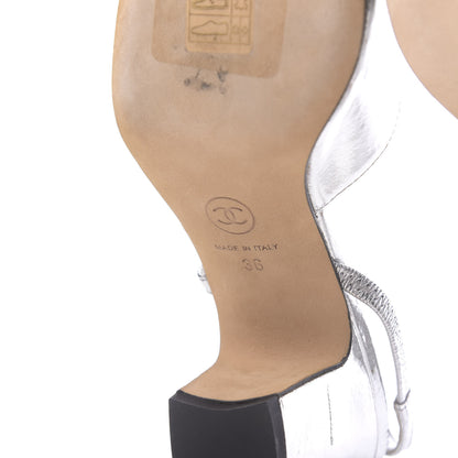 Chanel Laminated Lambskin Grosgrain Cap Toe CC Slingback Sandals 36 Silver Black 9 of 13