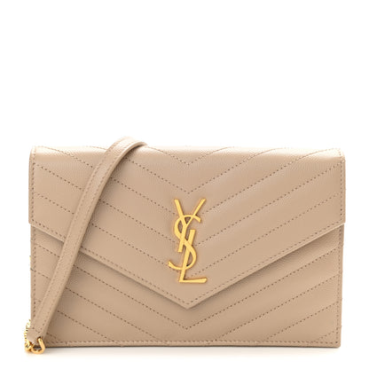 Saint Laurent Grain De Poudre Matelasse Chevron Monogram Envelope Chain Wallet Dark Beige 1 of 9