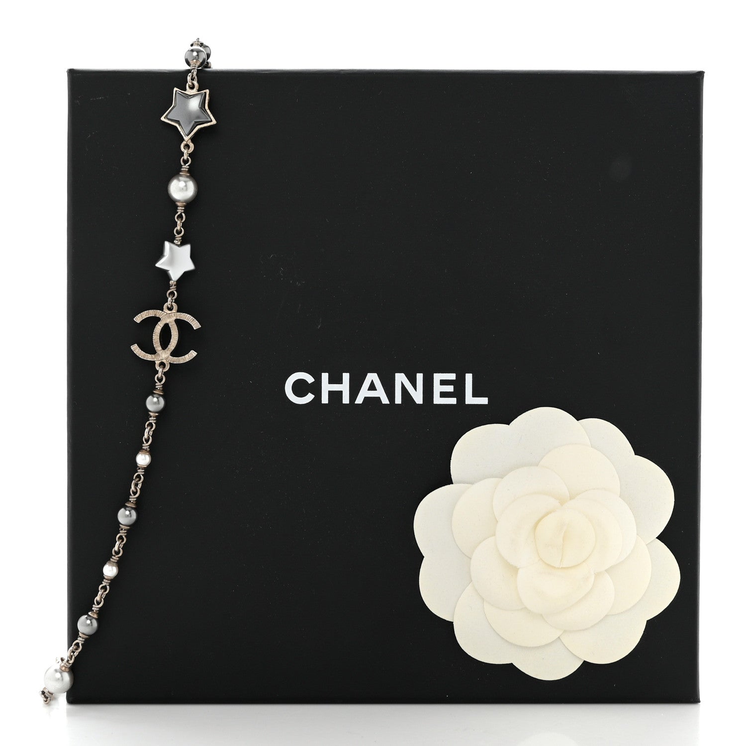 Chanel Metal Resin Pearl Star CC Necklace Silver 7 of 7