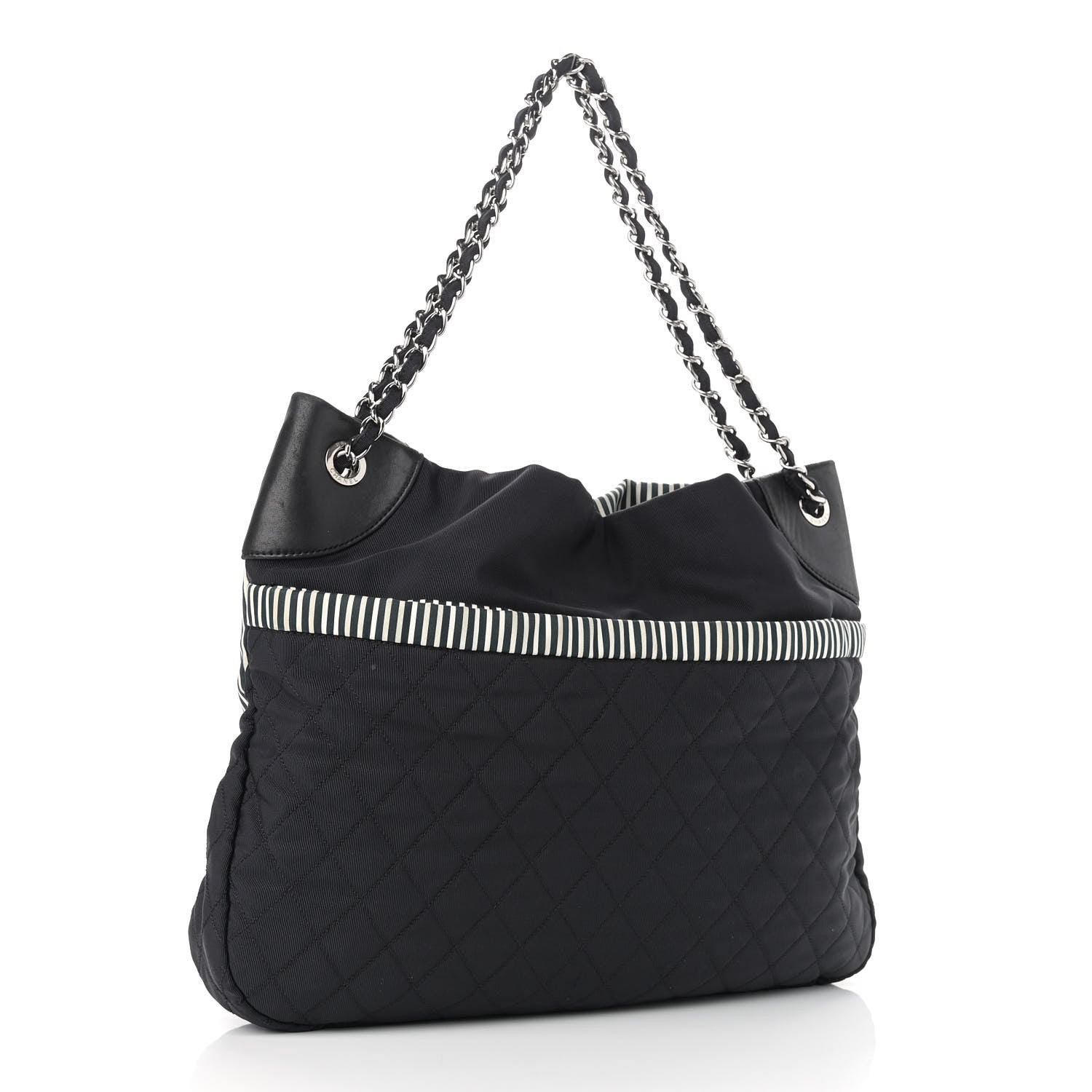 Chanel Striped Canvas Logo Tote Black 3 of 10