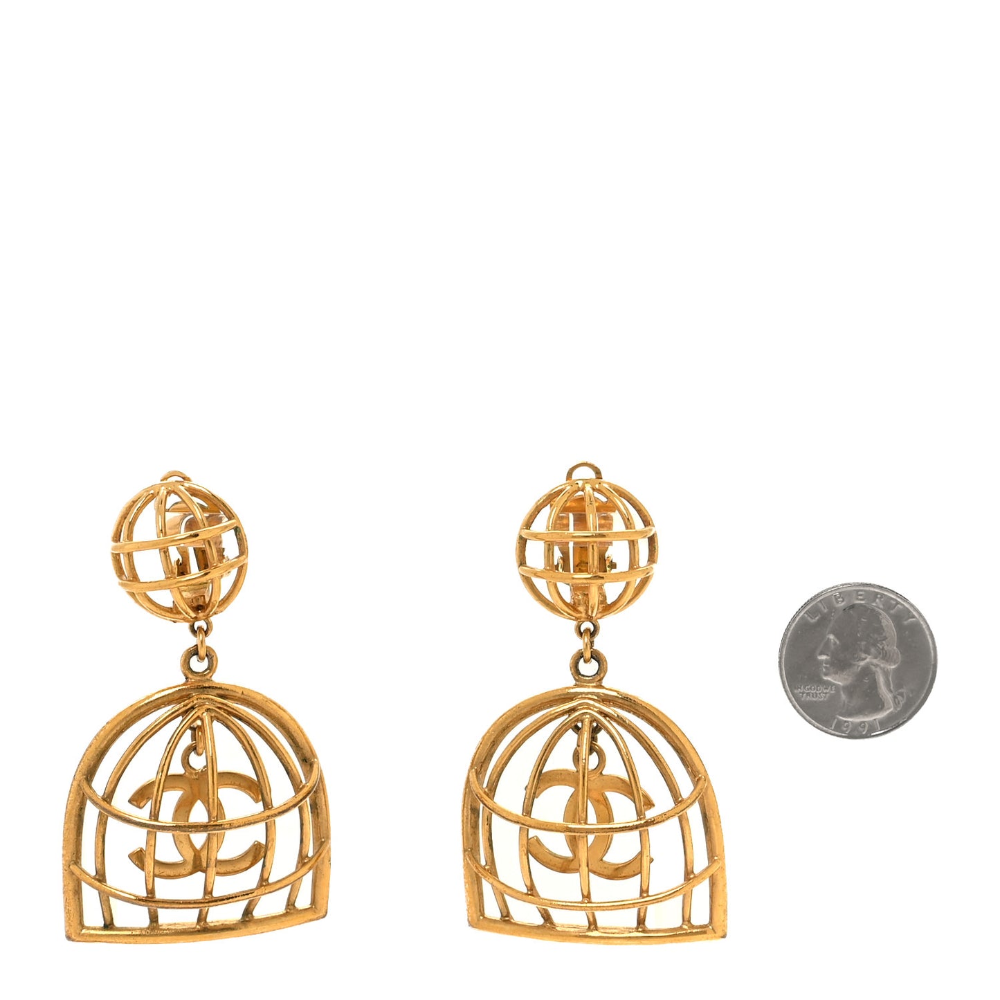 CC Bird Cage Drop Clip On Earrings Gold