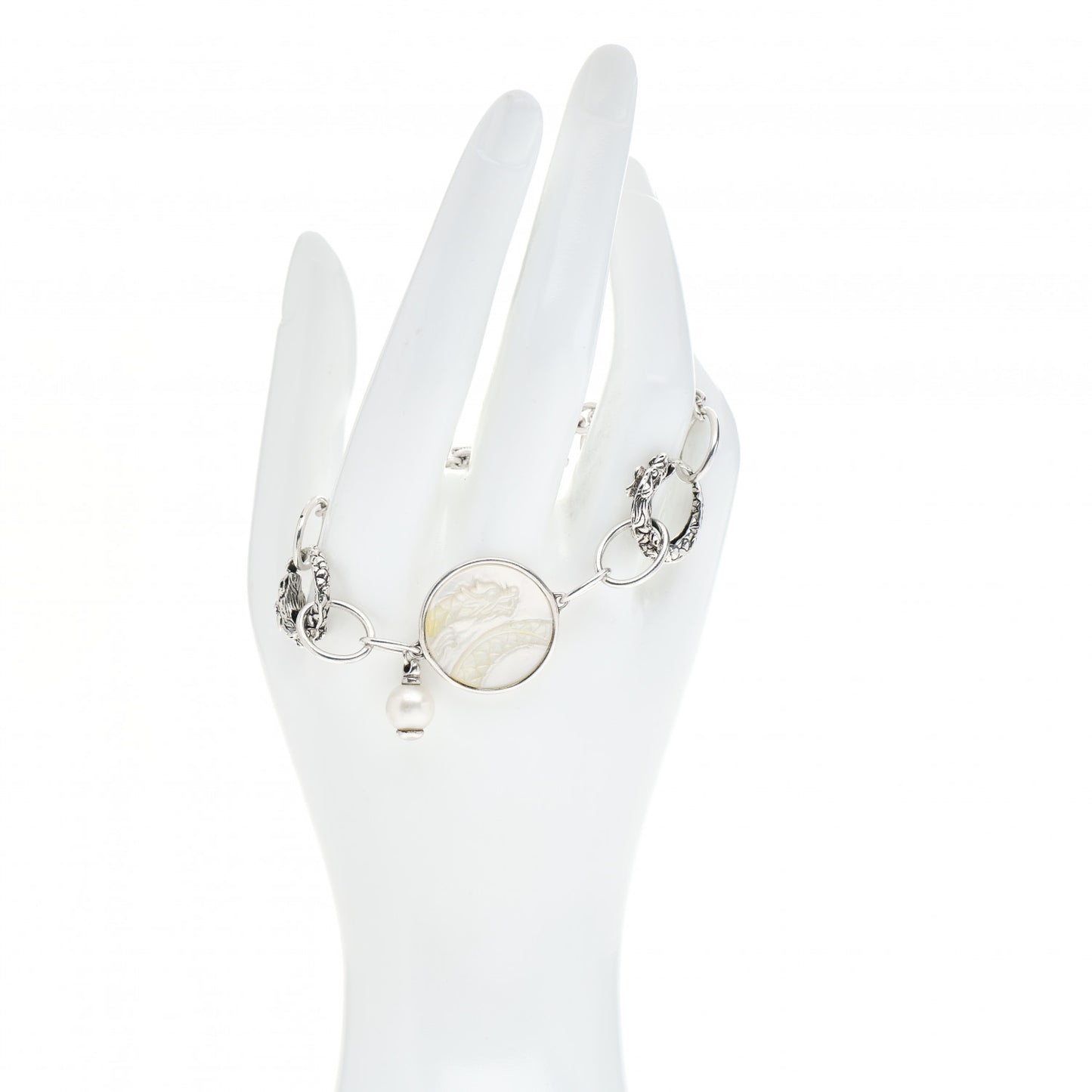 Sterling Silver Pearl Mother of Pearl Naga Dragon Link Bracelet