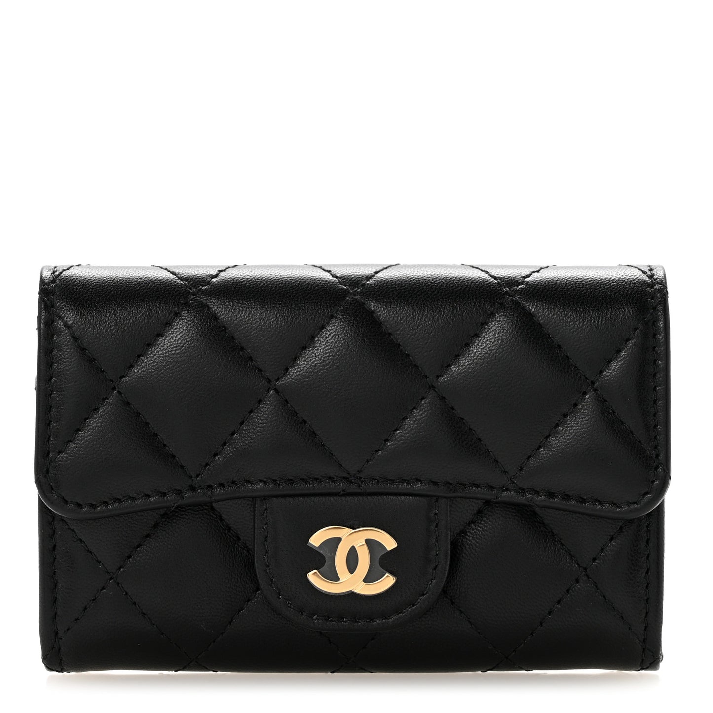 Lambskin Quilted Flap Card Holder Wallet Black