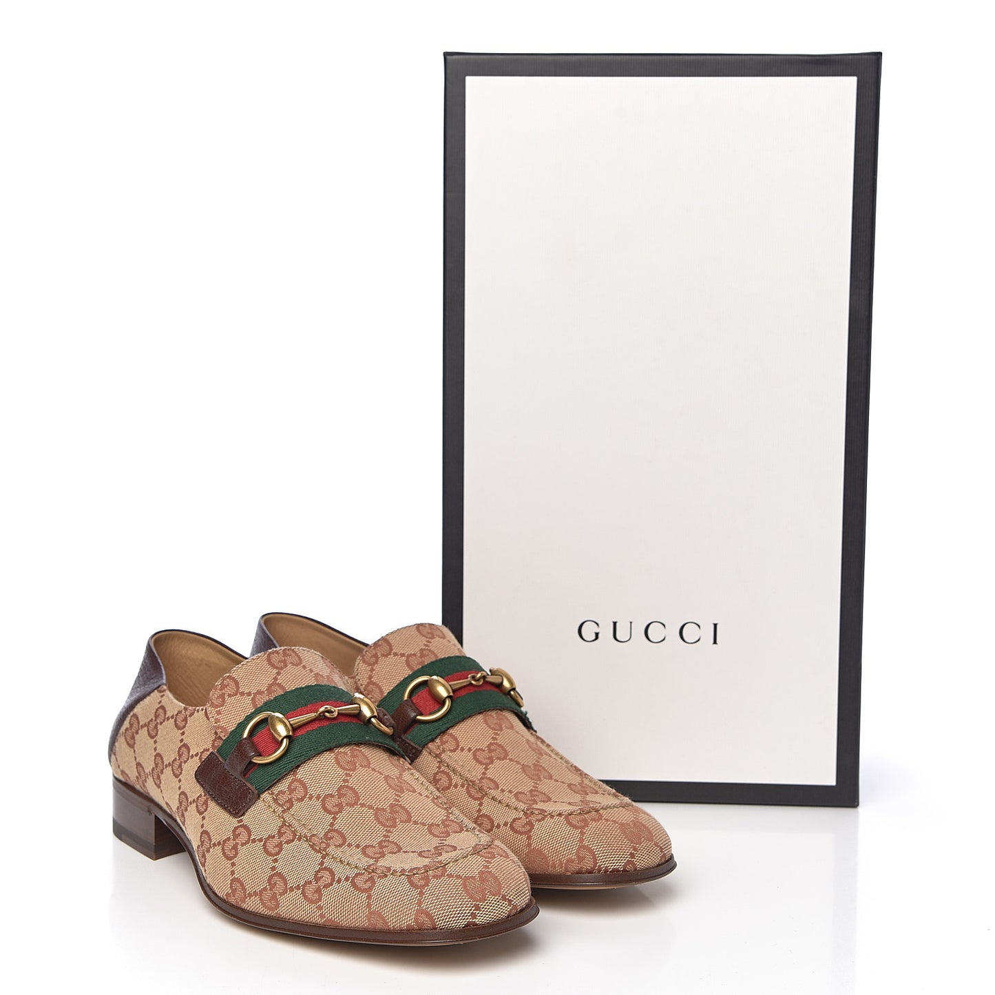 GG Monogram Goatskin Web Mens Horsebit Loafers 7 Beige Ruggine Light Brown