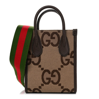 Gucci Monogram Jumbo GG Textured Dollar Calfskin Web Mini Vertical Tote Camel Ebony New Acero 1 of 11