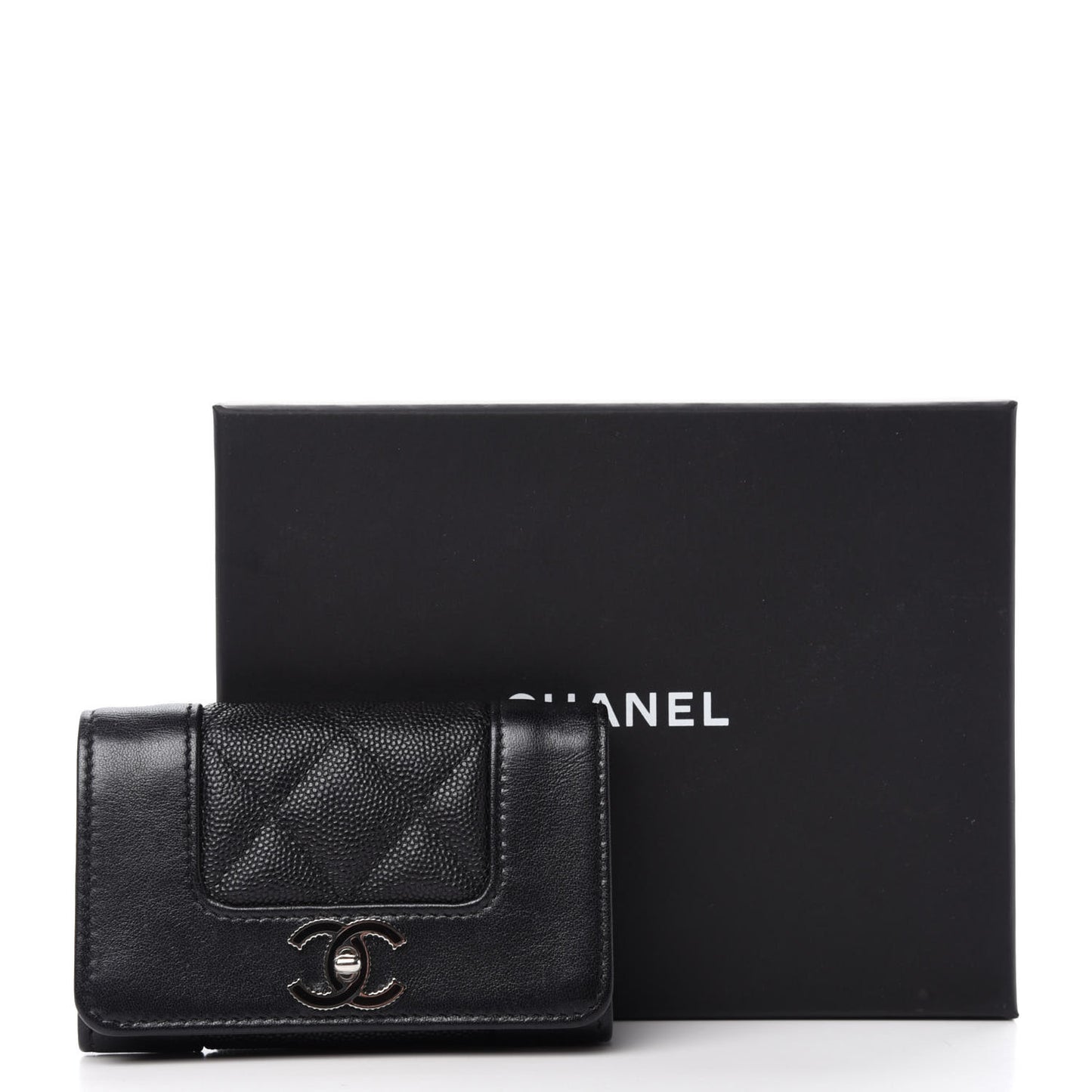 Caviar Quilted Vintage Mademoiselle Flap Card Holder Black
