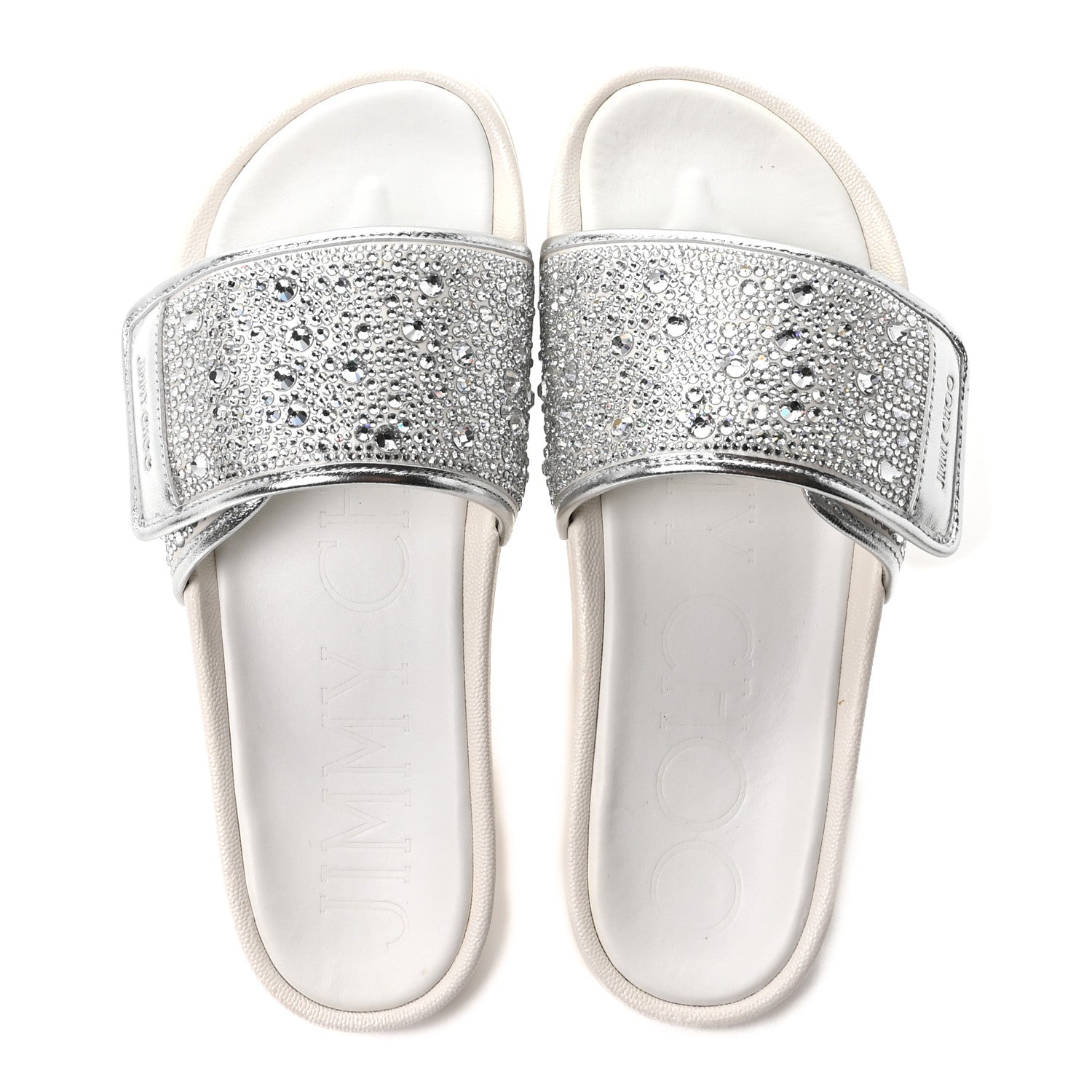 Jimmy Choo Satin Metallic Nappa Crystal Embellished Fitz Slide Sandals 39 Ivory 2 of 10