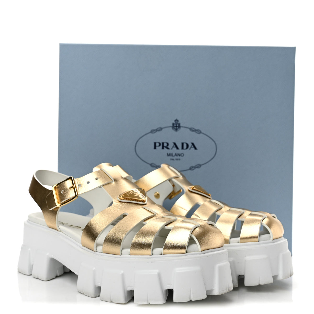 Prada Metallic Vitello Metal Triangle Logo Monolith 55mm Cage Sandals 40 Platino 11 of 11