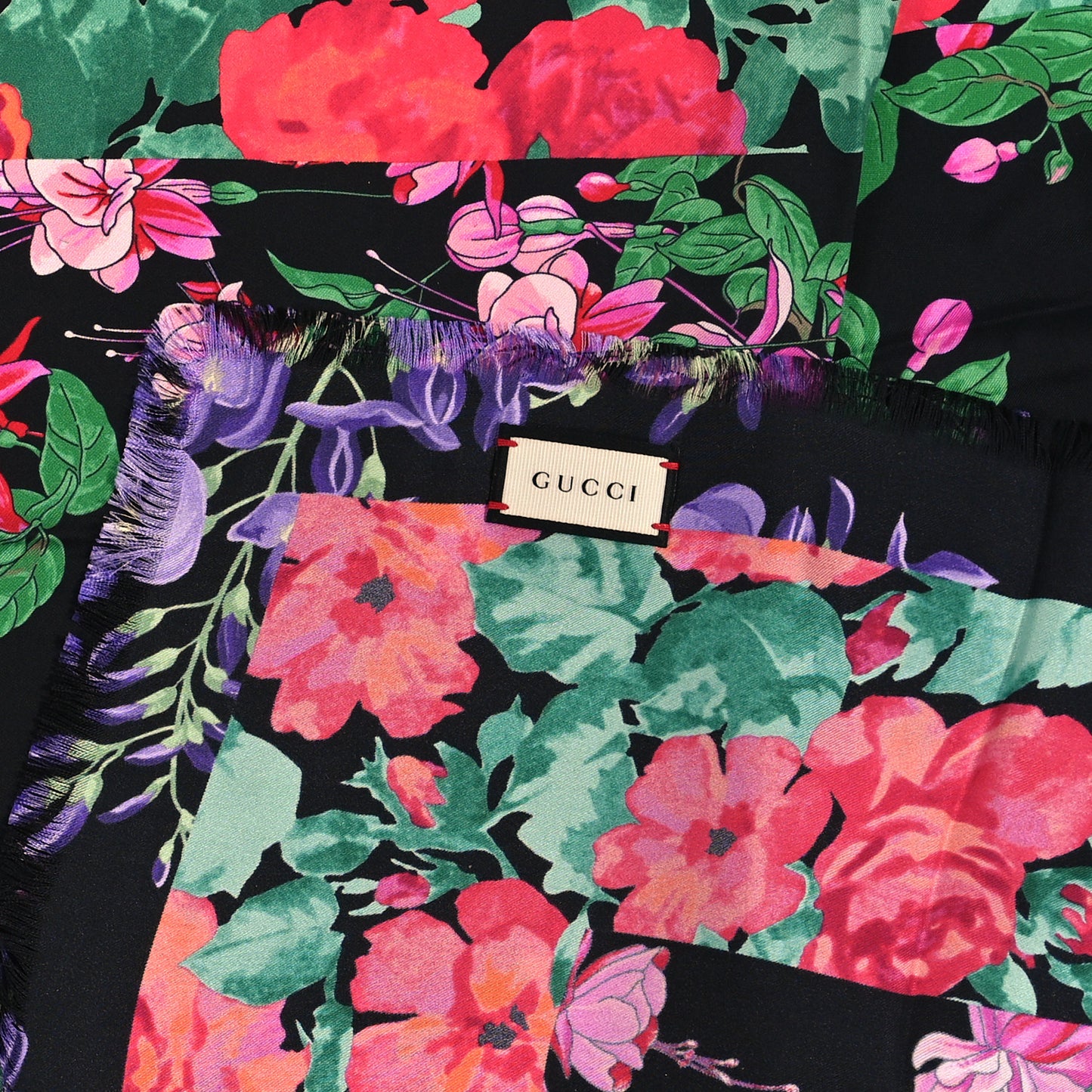 Silk Floral Fringe Scarf Black