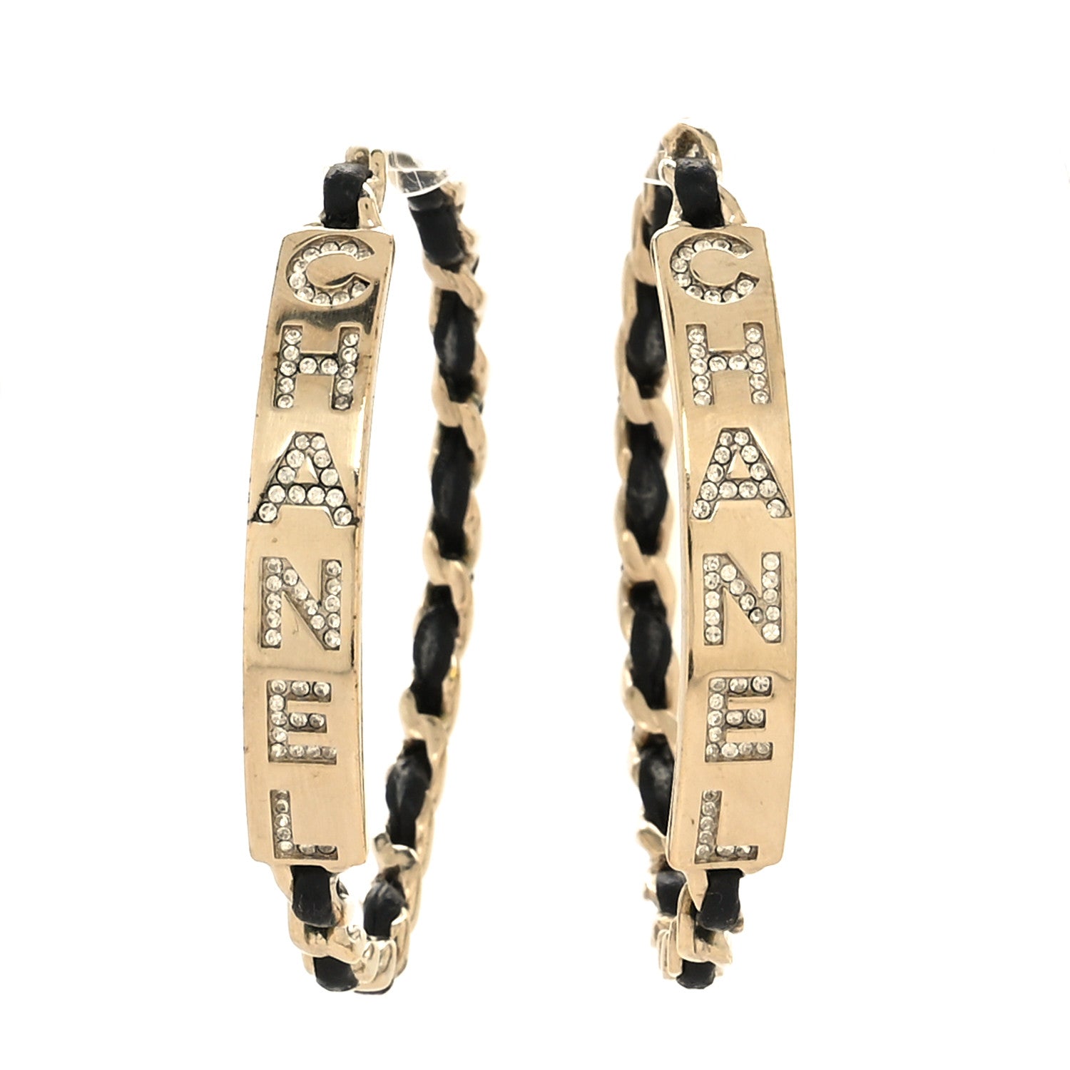 Chanel Metal Lambskin CC Crystal Chain Hoop Earrings Gold Black 1 of 4