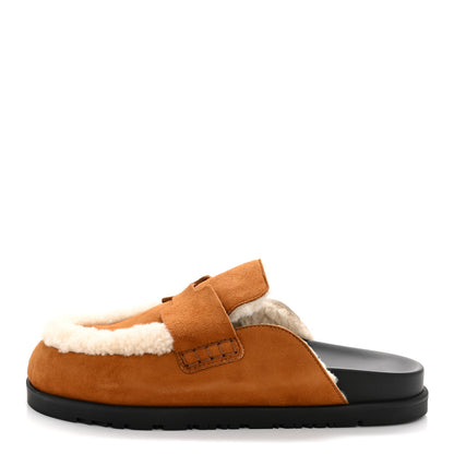 Hermes Suede Goatskin Shearling Go Mules 38 Beige Kraft Ecru 1 of 10