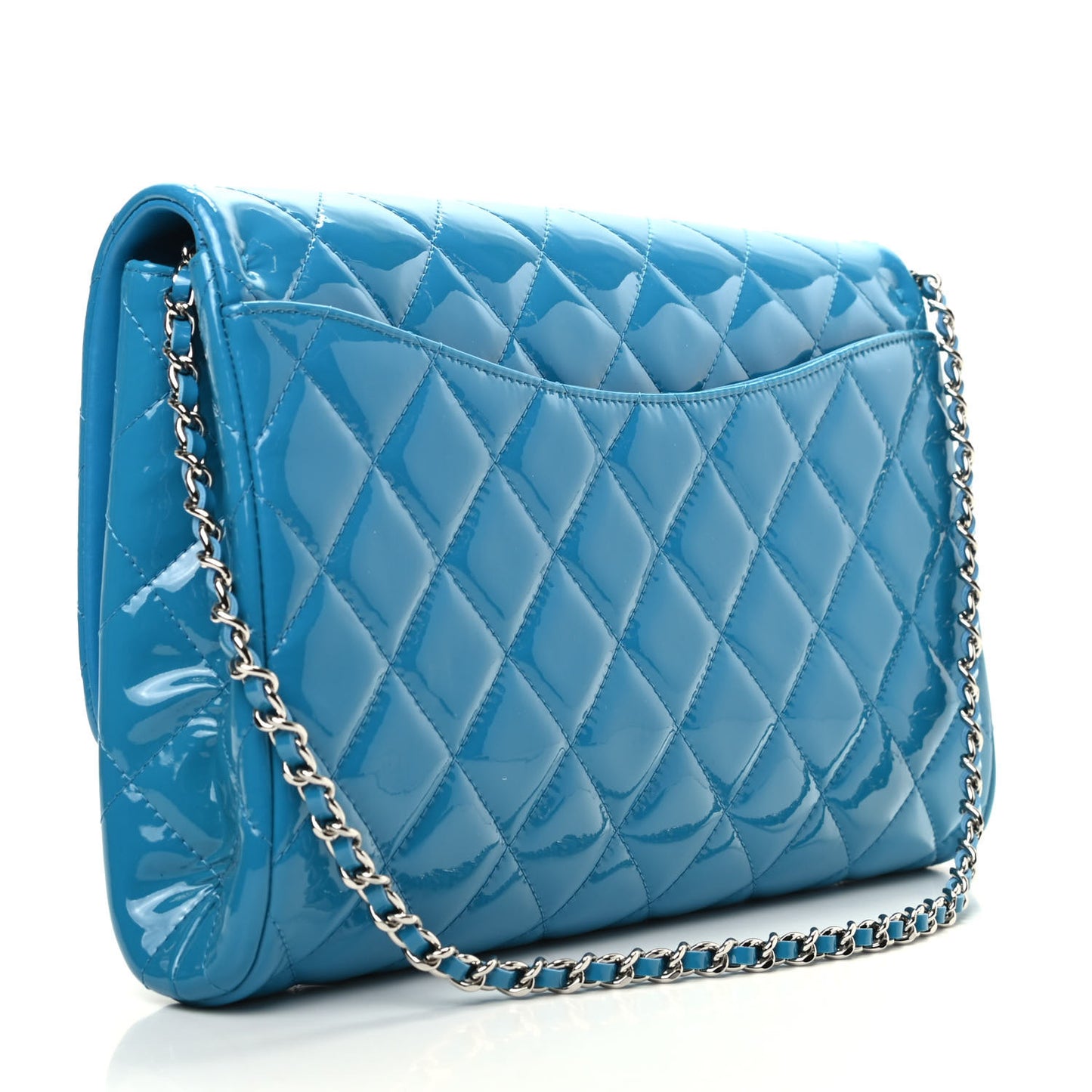 Patent Quilted Clutch with Chain Flap Blue