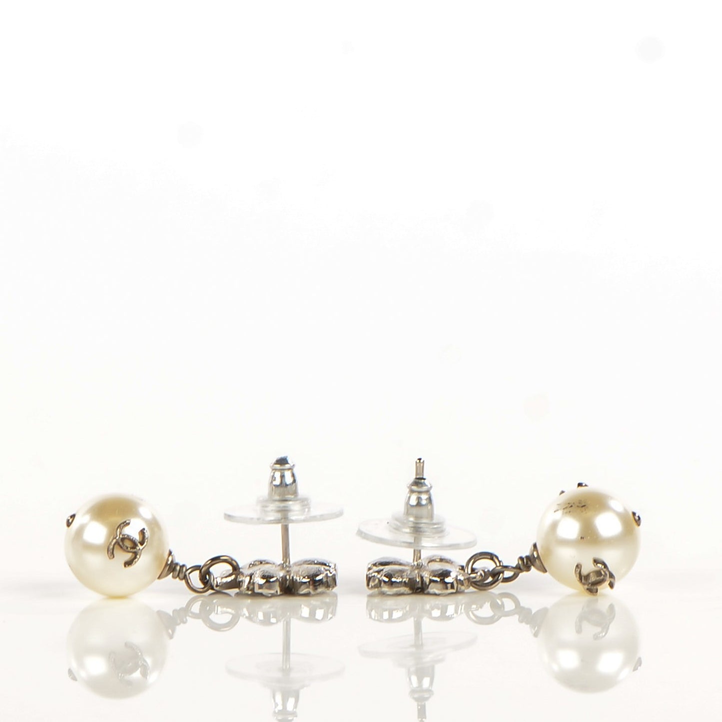 Crystal Pearl CC Clover Drop Earrings Silver