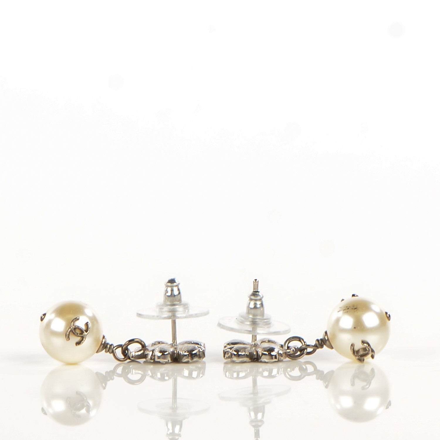 Chanel Crystal Pearl CC Clover Drop Earrings Silver 4 of 7