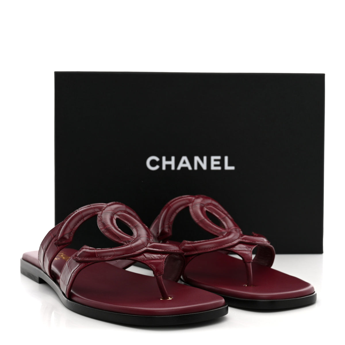 Chanel Crocodile Embossed Patent Calfskin CC Thong Sandals 40.5 Burgundy 11 of 11