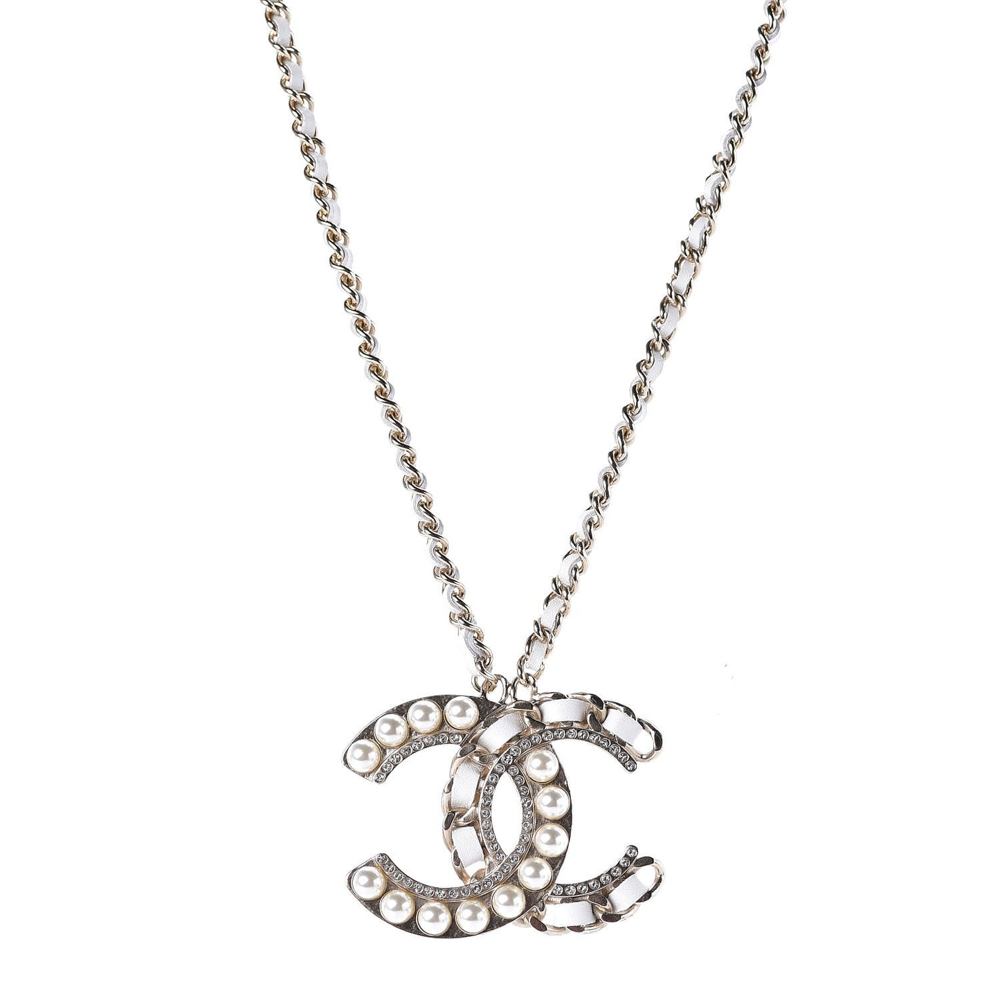Pearl Crystal Lambskin Chain CC Necklace White Gold