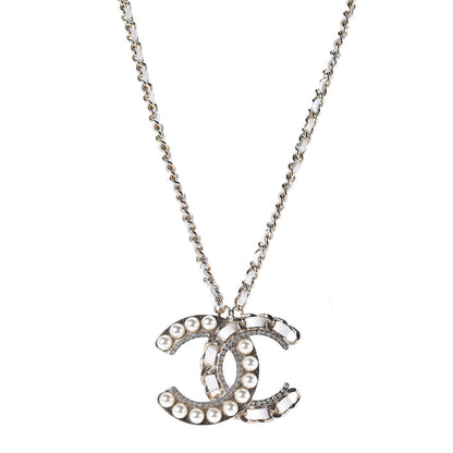 Chanel Pearl Crystal Lambskin Chain CC Necklace White Gold 1 of 5