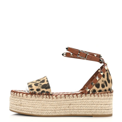Valentino Garavani Canvas Leopard Print Rockstud Ankle Wrap Espadrille Flatform Sandals 37 Brown 1 of 8