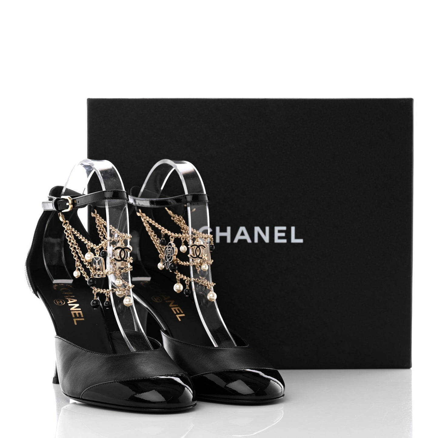 Patent Cap Toe Chain Ankle Strap Pumps 41.5 Black