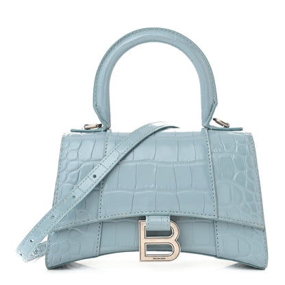 Balenciaga Shiny Calfskin Crocodile Embossed Hourglass Top Handle Bag XS Blue Grey 1 of 14