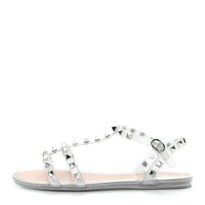Valentino Garavani PVC Jelly Glitter Rockstud Caged Sandals 38 SIlver 1 of 10