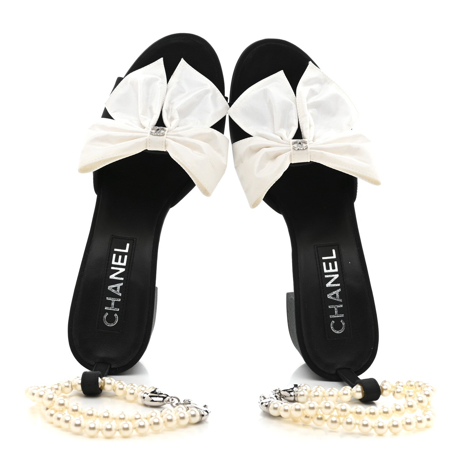 Chanel Silk Pearl Ankle Strap Sandals 37 Black White 2 of 10
