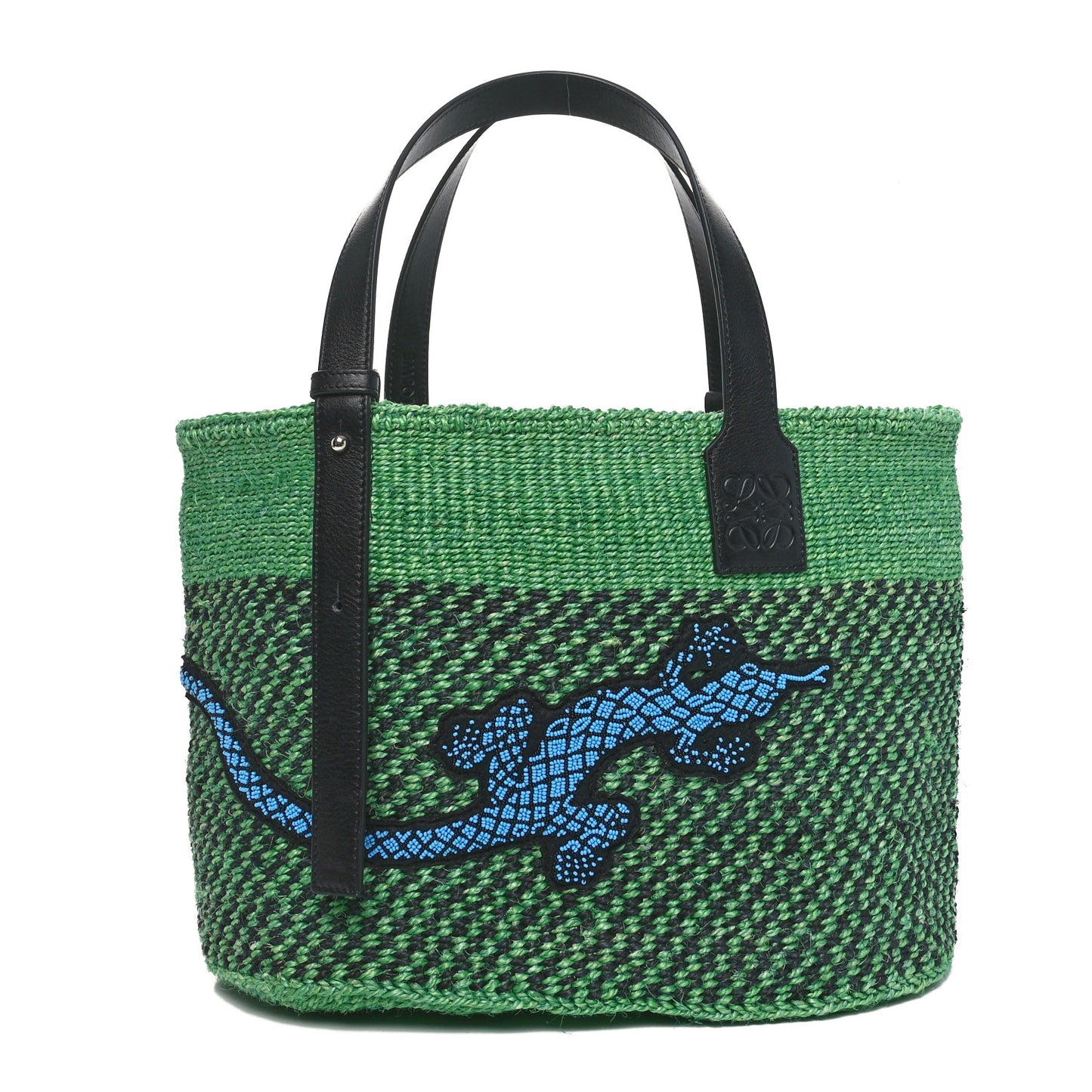 Sisal Calfskin Raffia Paula's Ibiza Lizard Beaded Basket Tote Green Multicolor