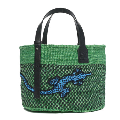 Loewe Sisal Calfskin Raffia Paula's Ibiza Lizard Beaded Basket Tote Green Multicolor 1 of 10
