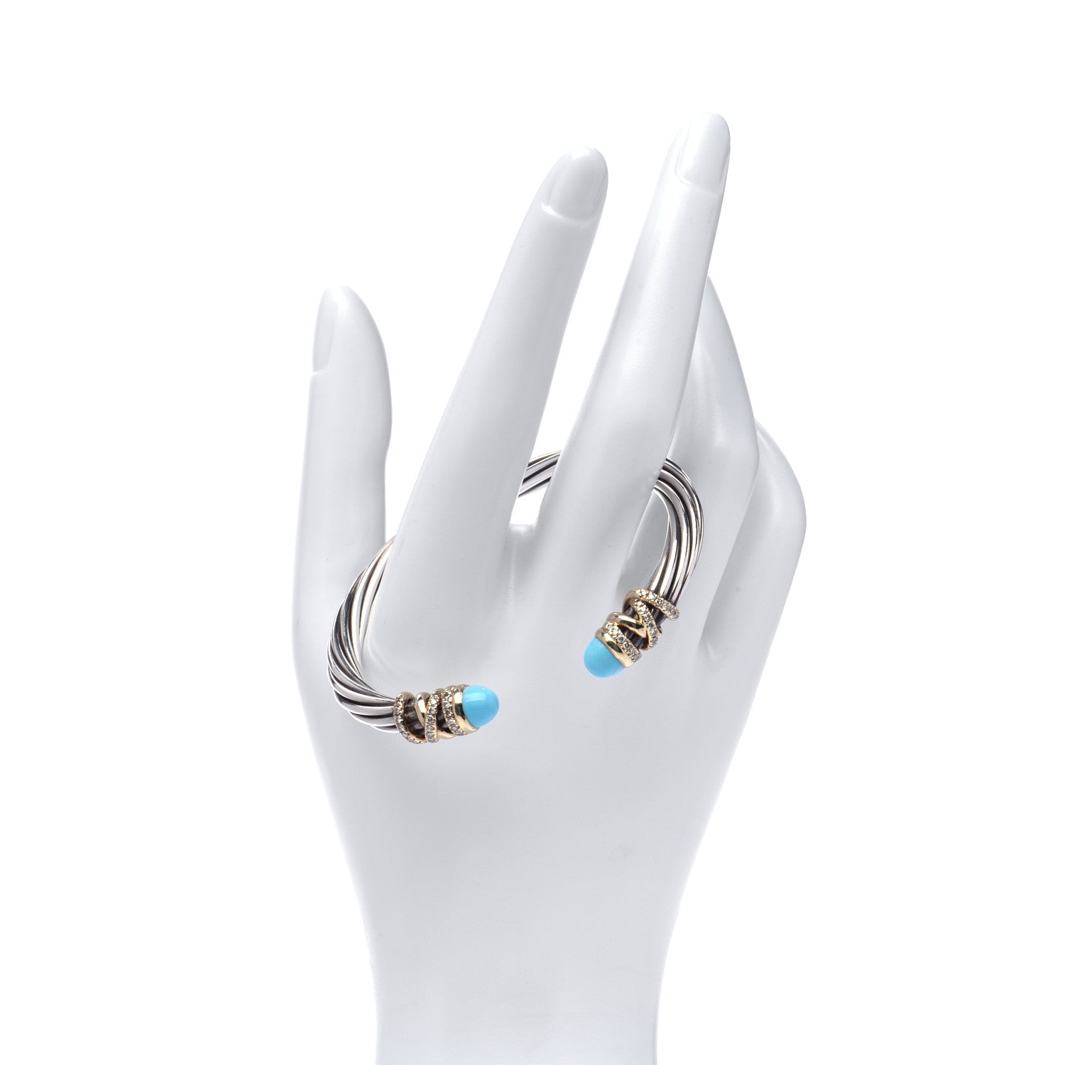 David Yurman Sterling Silver 18K Yellow Gold Diamond Turquoise 6mm Helena Cuff Bracelet 2 of 5