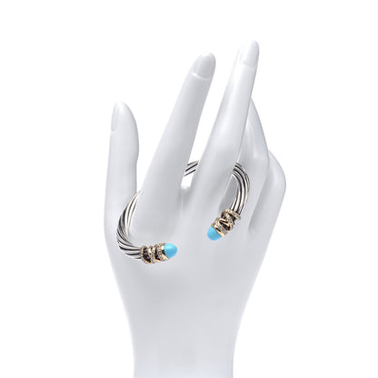 David Yurman Sterling Silver 18K Yellow Gold Diamond Turquoise 6mm Helena Cuff Bracelet 2 of 5