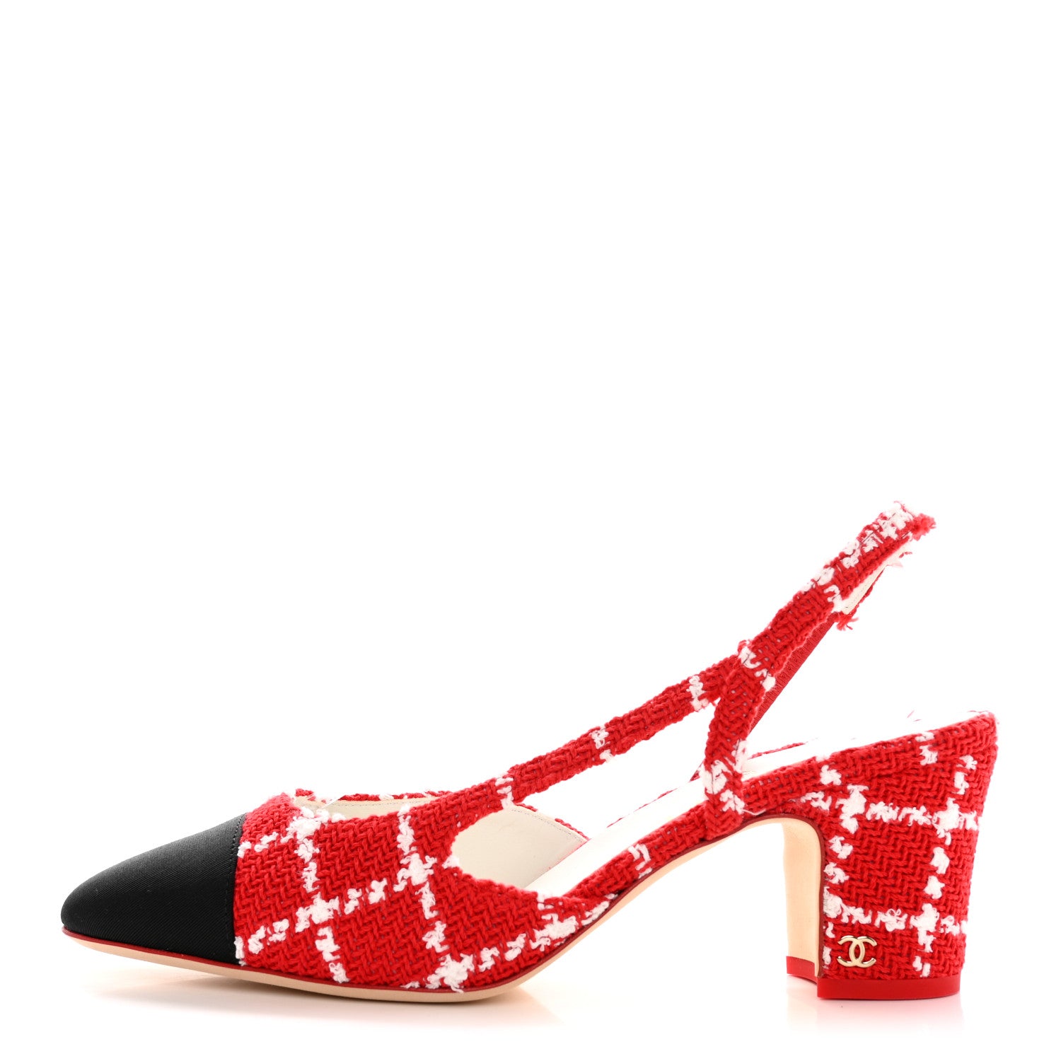 Chanel Tweed Grosgrain Cap Toe CC Slingback Pumps 39.5 Red White 1 of 11