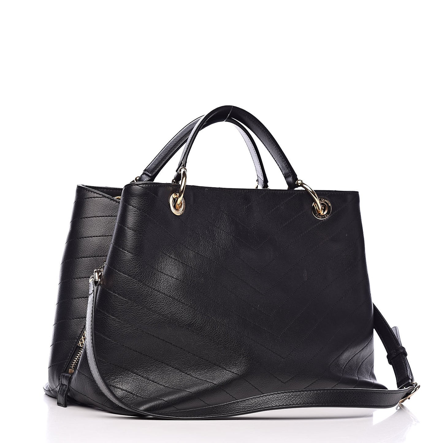 Calfskin Stitched Large Chevron Chic Shopping Bag Black