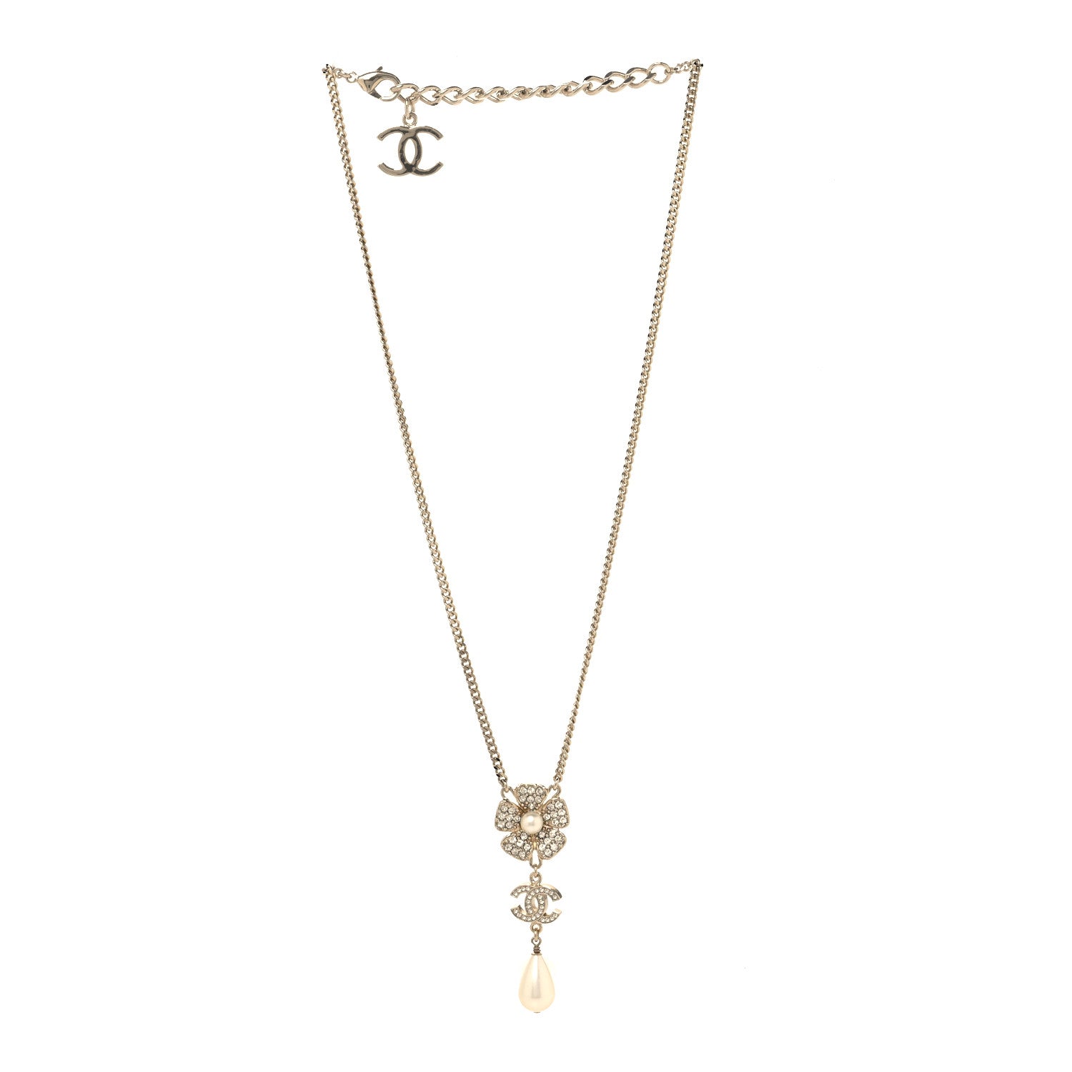 Chanel Crystal Pearl CC Flower Drop Necklace Gold 3 of 5