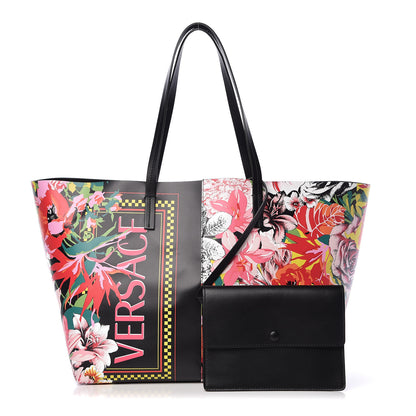 Versace Calfskin Vintage 90's Logo Floral Tote Black 1 of 13