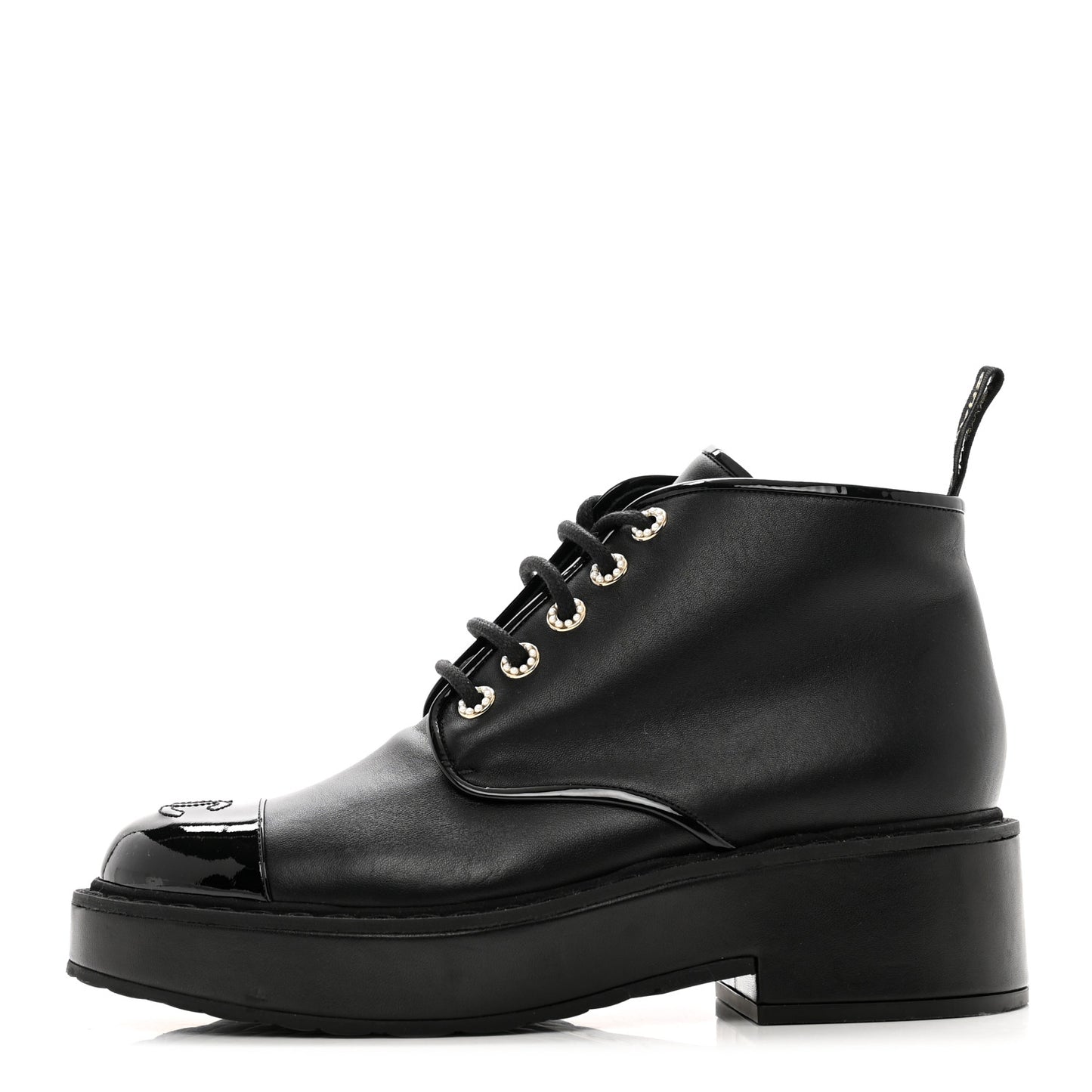 Shiny Calfskin Pearl Lace Up Combat Short Boots 41 Black
