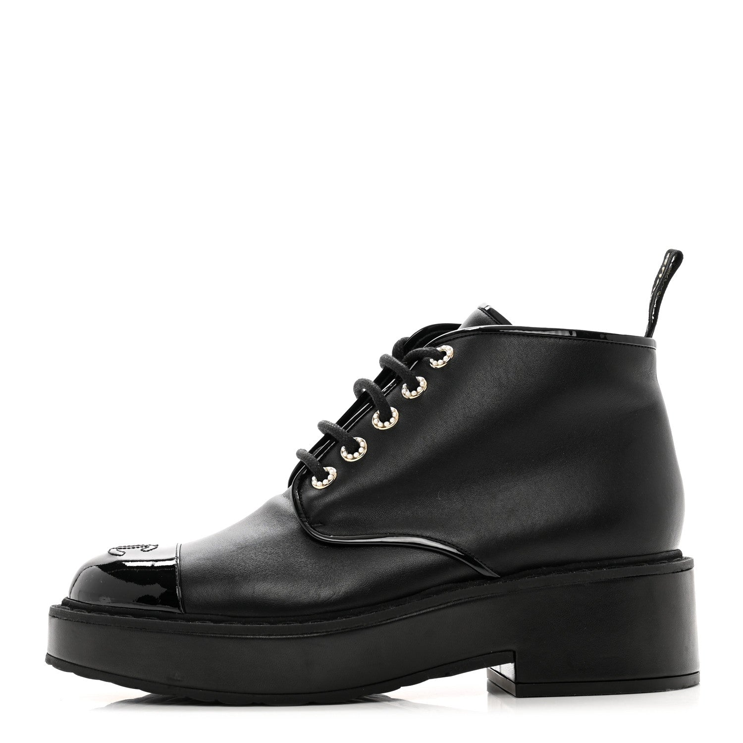 Chanel Shiny Calfskin Pearl Lace Up Combat Short Boots 41 Black 1 of 8