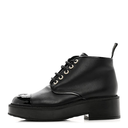 Chanel Shiny Calfskin Pearl Lace Up Combat Short Boots 41 Black 1 of 8