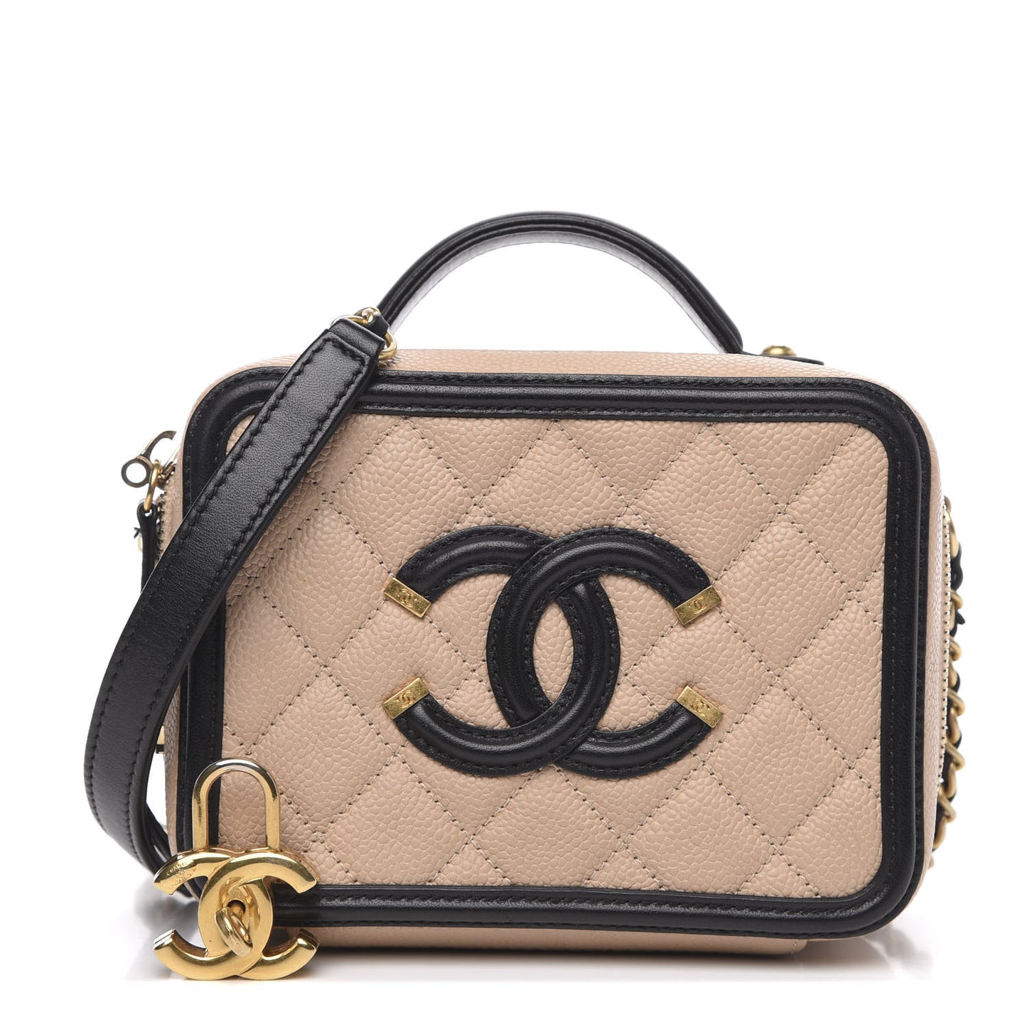 Caviar Quilted Small CC Filigree Vanity Case Beige Black