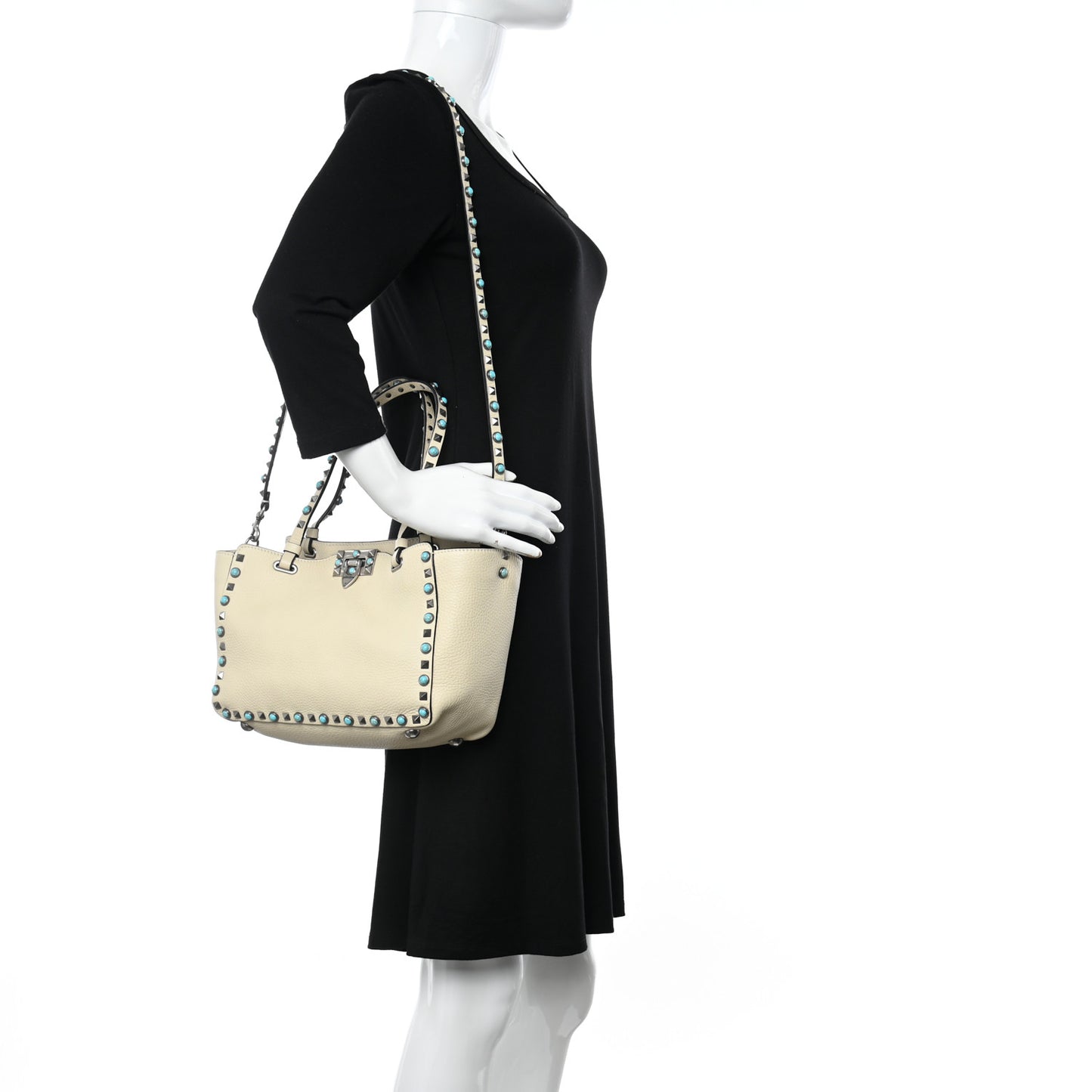 Grained Calfskin Turquoise Small Rockstud Rolling Tote Light Ivory