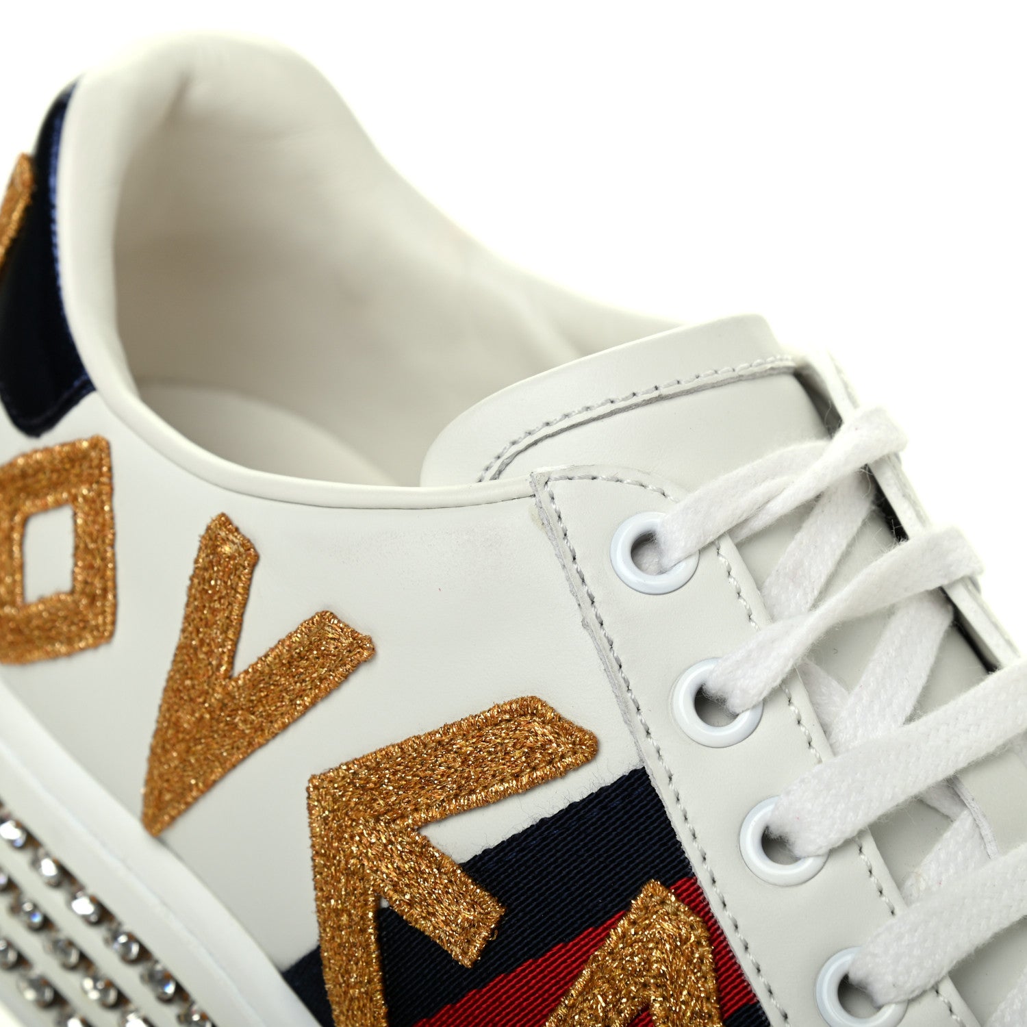 Gucci Calfskin Crystal Web LOVED Embroidered Womens Ace Platform Sneakers 37 White Red Flame Notte 15 of 16