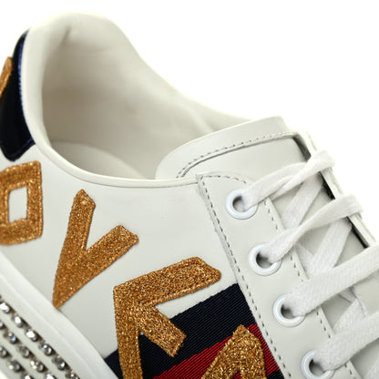 Gucci Calfskin Crystal Web LOVED Embroidered Womens Ace Platform Sneakers 37 White Red Flame Notte 15 of 16
